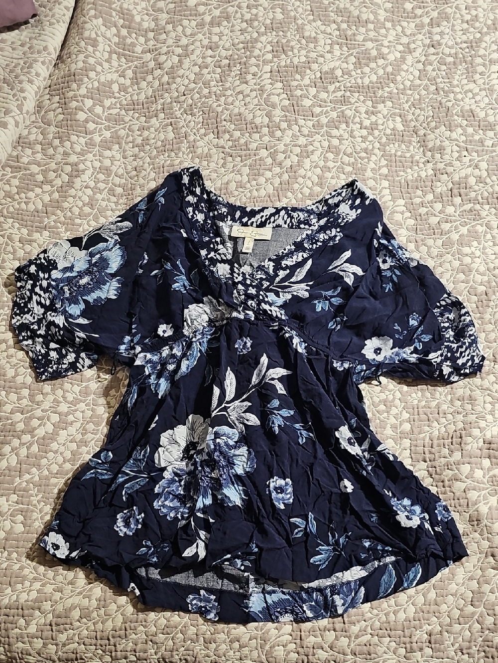 Jessica Simpson Navy Blue Floral Scoop-Neck Blouse